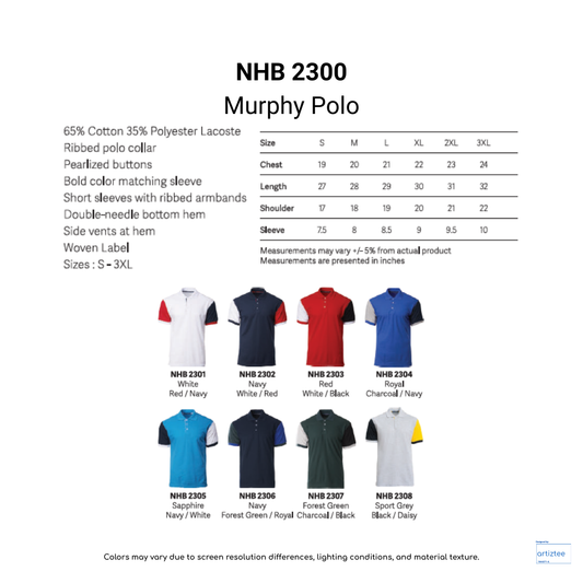 Polo Murphy Unisex 220gsm NHB2300 Artiztee Collection Size Chart