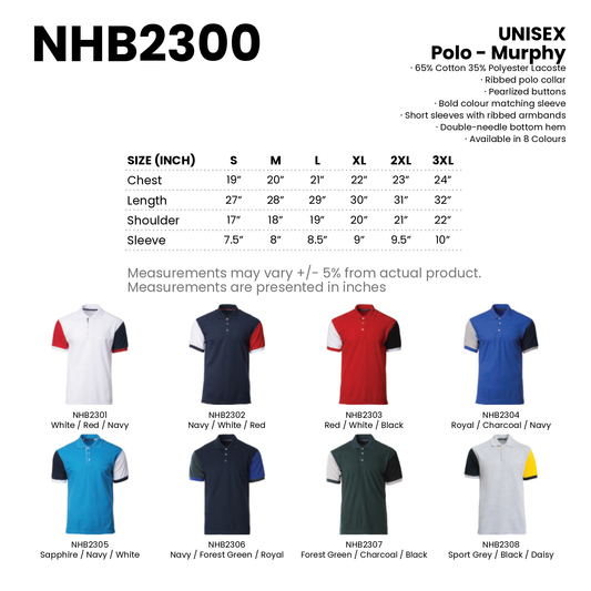 Polo - Murphy | Unisex | 220gsm | NHB2300 | Artiztee | Collection | Size Chart