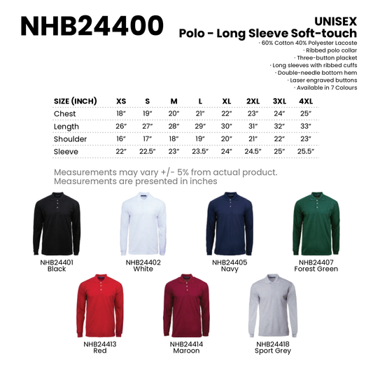 Polo - Long Sleeve Soft-touch | Unisex | 220gsm | NHB24400 | Artiztee | Collection | Size Chart