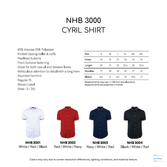 Shirt Cyril Unisex 150gsm NHB3000 Artiztee Collection Size Chart