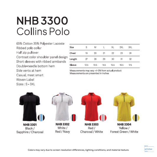 Polo Collins Unisex 220gsm NHB3300 | Artiztee | Collection | Size Chart