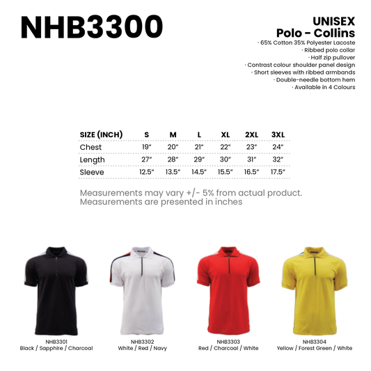Polo - Collins | Unisex | 220gsm | NHB3300 | Artiztee | Collection | Size Chart