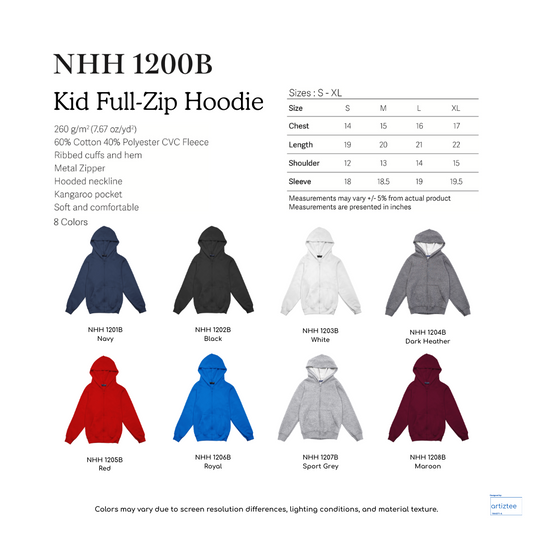 Kid Hoodie Full Zip - Unisex | Collection Size Chart | NHH1200B | Artiztee