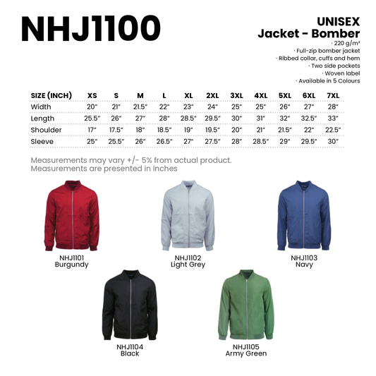 Jacket - Bomber | Unisex | 220gsm | NHJ1100 | Artiztee | Collection | Size Chart