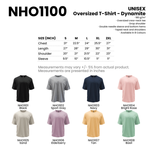 Oversized T-Shirt - Dynamite | Crew Neck | Unisex | 180gsm | NHO1100 | Artiztee | Collection | Size Chart