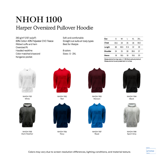 Oversized Hoodie Pullover - Unisex | NHOH1100 | Collection | Size Chart | Artiztee