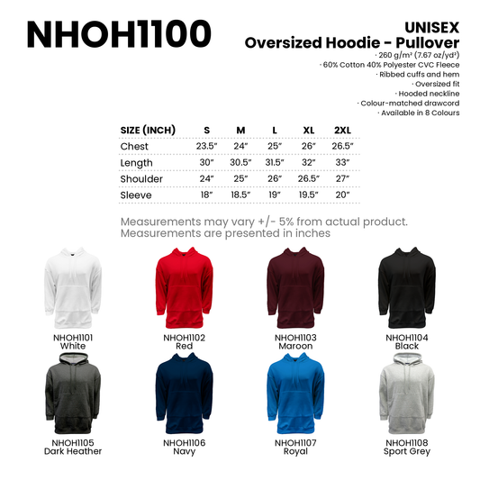 Oversized Hoodie - Pullover | Unisex | NHOH1100 | Artiztee | Collection | Size Chart