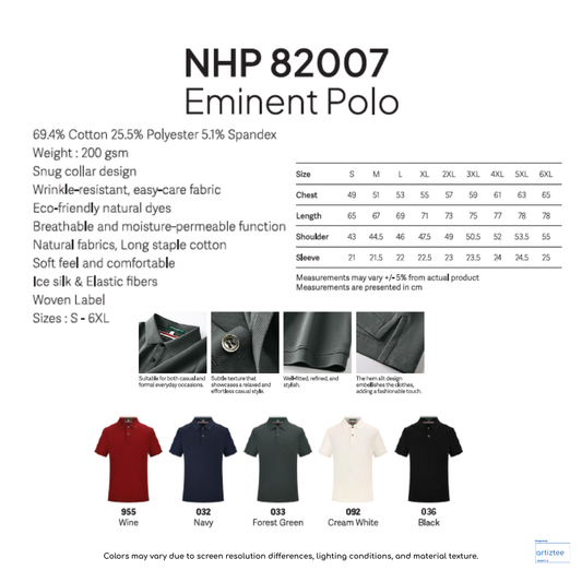 Polo - Eminent Unisex 200gsm | NHP82007 | Artiztee | Collection | Size Chart