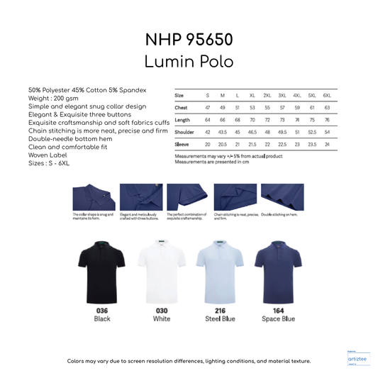 Polo - Unisex Lumin 200gsm | NHP95650 | Artiztee | Collection | Size Chart