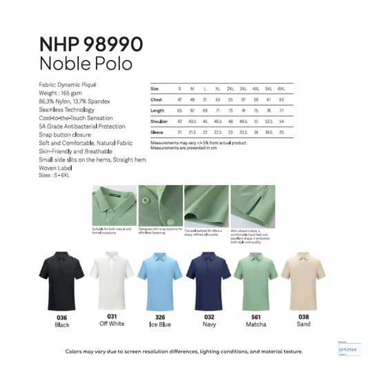 Polo Noble Unisex 165gsm NHP98990 Artiztee Collection Size Chart