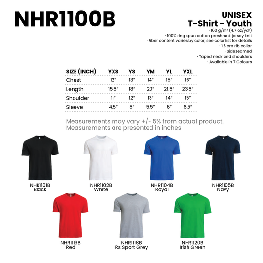 T-Shirt - Youth | Unisex | 160gsm | NHR1100B | Artiztee | Collection | Size Chart