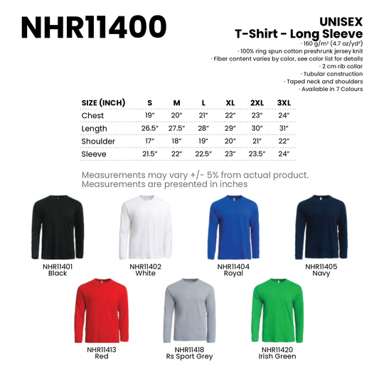 T-Shirt - Long Sleeve | Unisex | 160gsm | NHR11400 | Artiztee | Collection | Size Chart