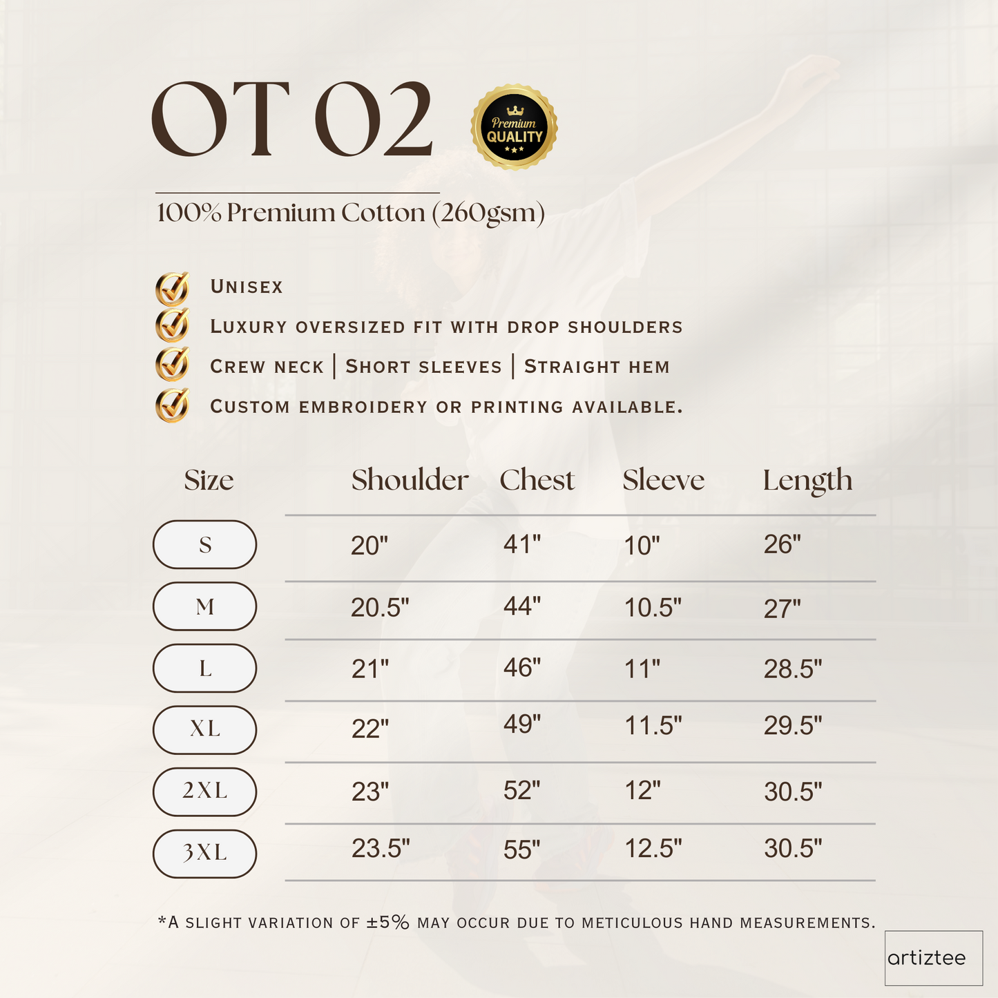 Oversized T-Shirt - Premium Cotton | Unisex | 260gsm | OT02 | Size Chart