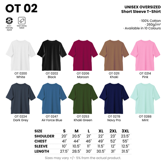 OT 02 size chart and all 10 colourways with codes and names