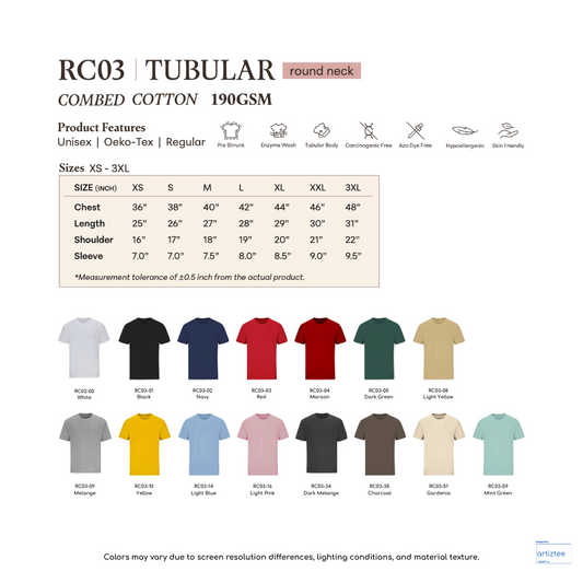 T-Shirt Combed Cotton Unisex - 190gsm | RC03 | Collection | Size Chart | Artiztee