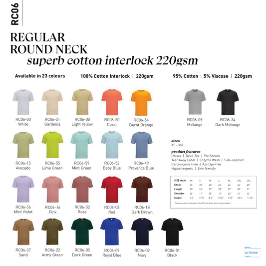 T-Shirt - Superb Cotton RC06 | Unisex 220gsm | Size Chart | Collection | Artiztee