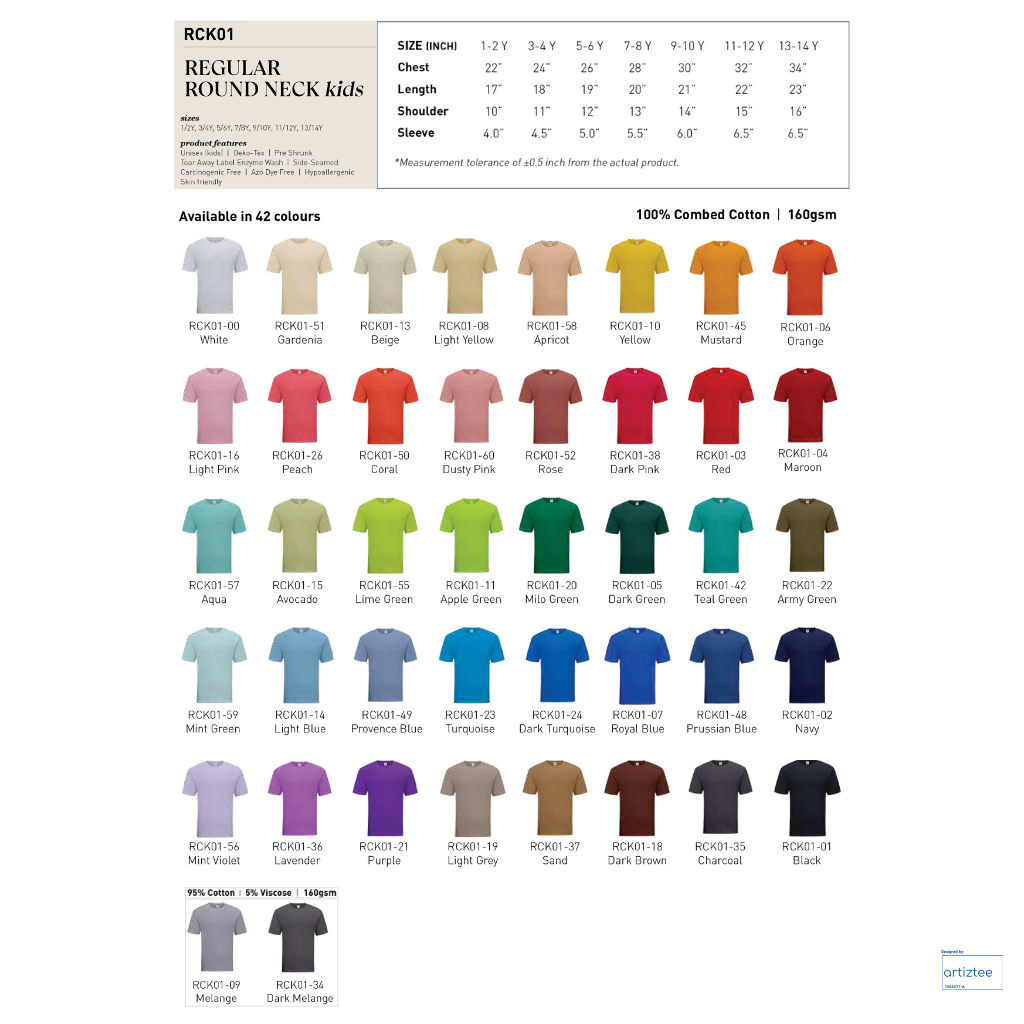 Kid T-Shirt - Combed Cotton | Unisex 160gsm | RCK01 Size Chart | Collection Artiztee