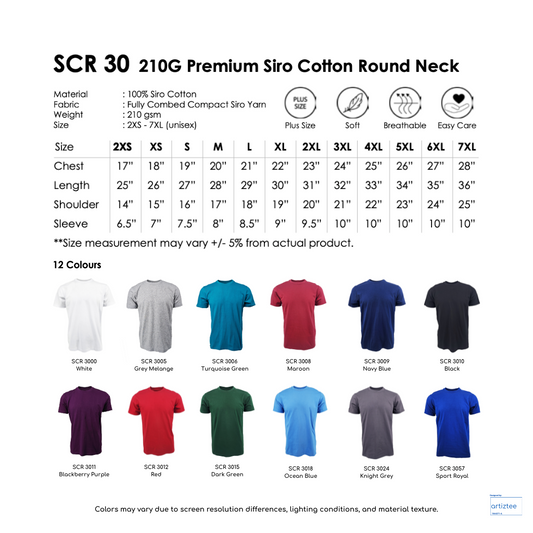 T-Shirt Siro Cotton Unisex - 210gsm | SCR30 | Collection | Size Chart | Artiztee