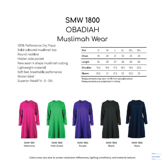SMW1800 Obadiah Muslimah 160gsm Artiztee Collection Size Chart