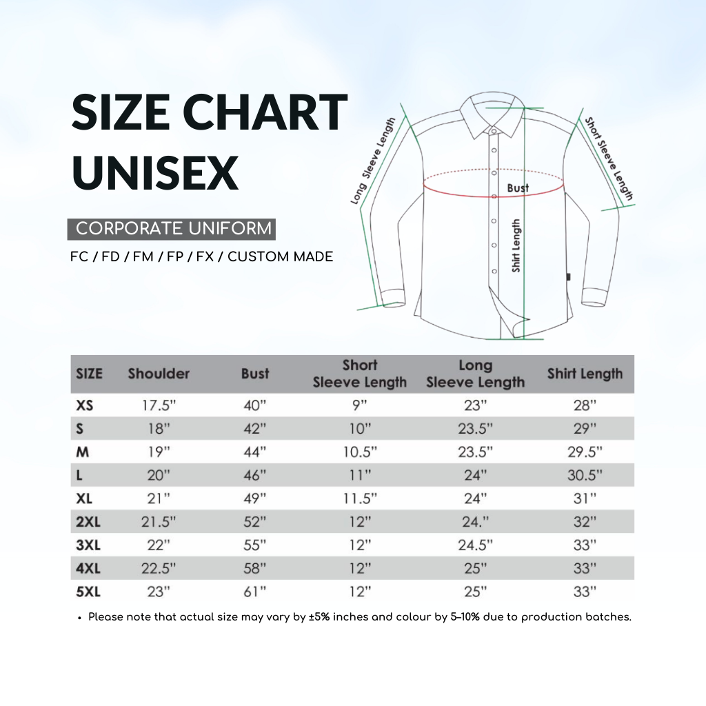 Unisex Corporate Uniform Size Chart FC-FD-FM-FP-FX-Custom-Made