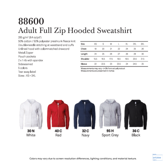Adult Full Zip Hooded Sweatshirt Unisex 285gsm 88600 Artiztee Collection Size Chart