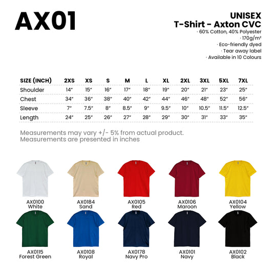 T-Shirt - Axton CVC | Unisex | 170gsm | AX01 | Artiztee | Collection | Size Chart