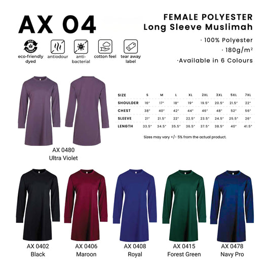 AX04 muslimah long sleeve t-shirt size chart S–7XL with shoulder, chest, sleeve and length measurements and all 6 colours
