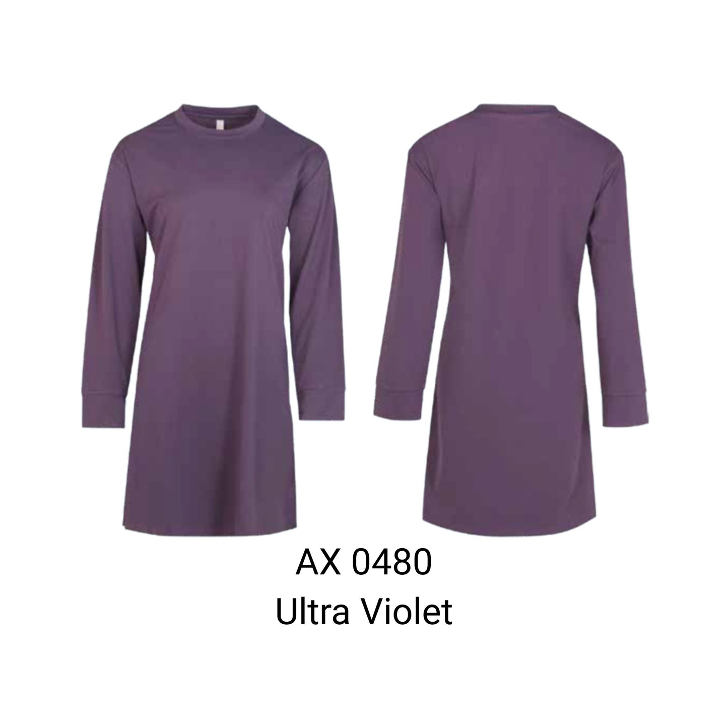 AX0480 Ultra Violet muslimah long sleeve t-shirt 180gsm front and back view – custom logo printing & embroidery Malaysia