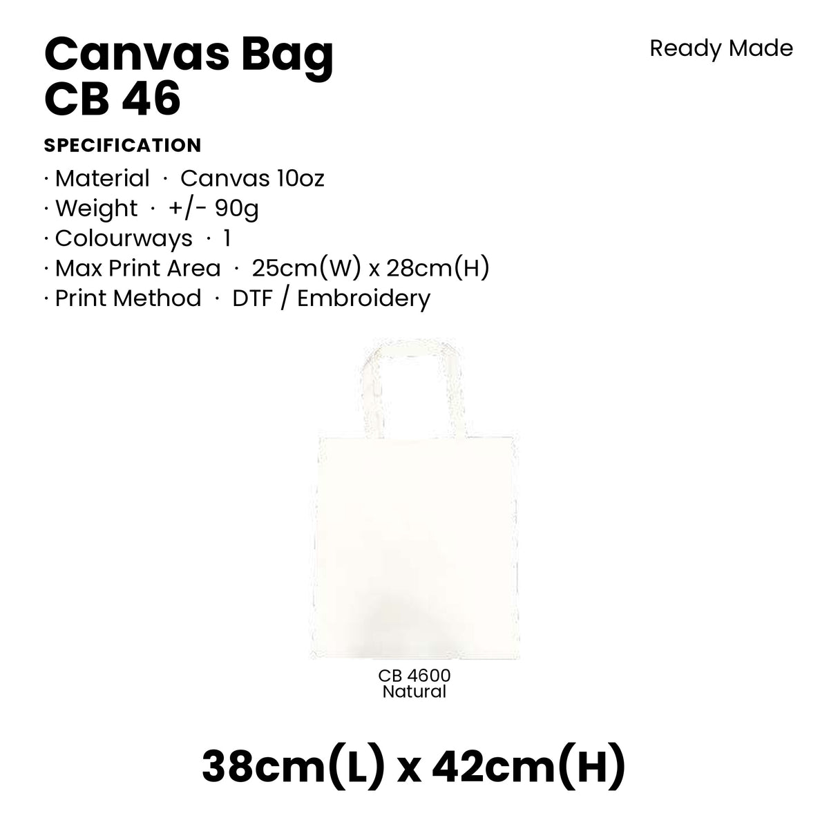 Canvas Bags - 10oz Canvas Flat Tote (natural only) | CB46 | Specification and colour range | Artiztee