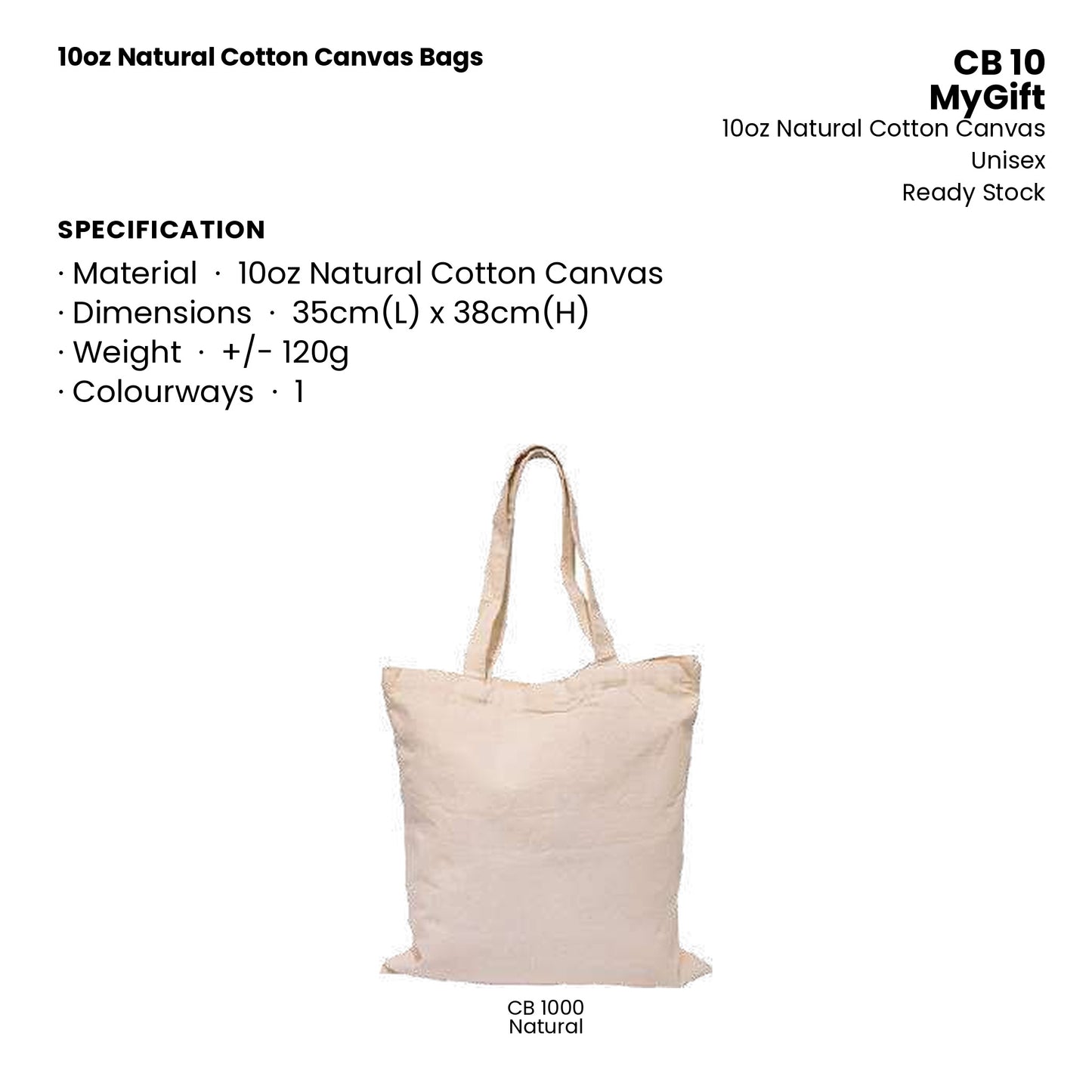 Canvas Bags - 10oz Natural Cotton Canvas Bags | CB10 | Specification and colour range | Artiztee