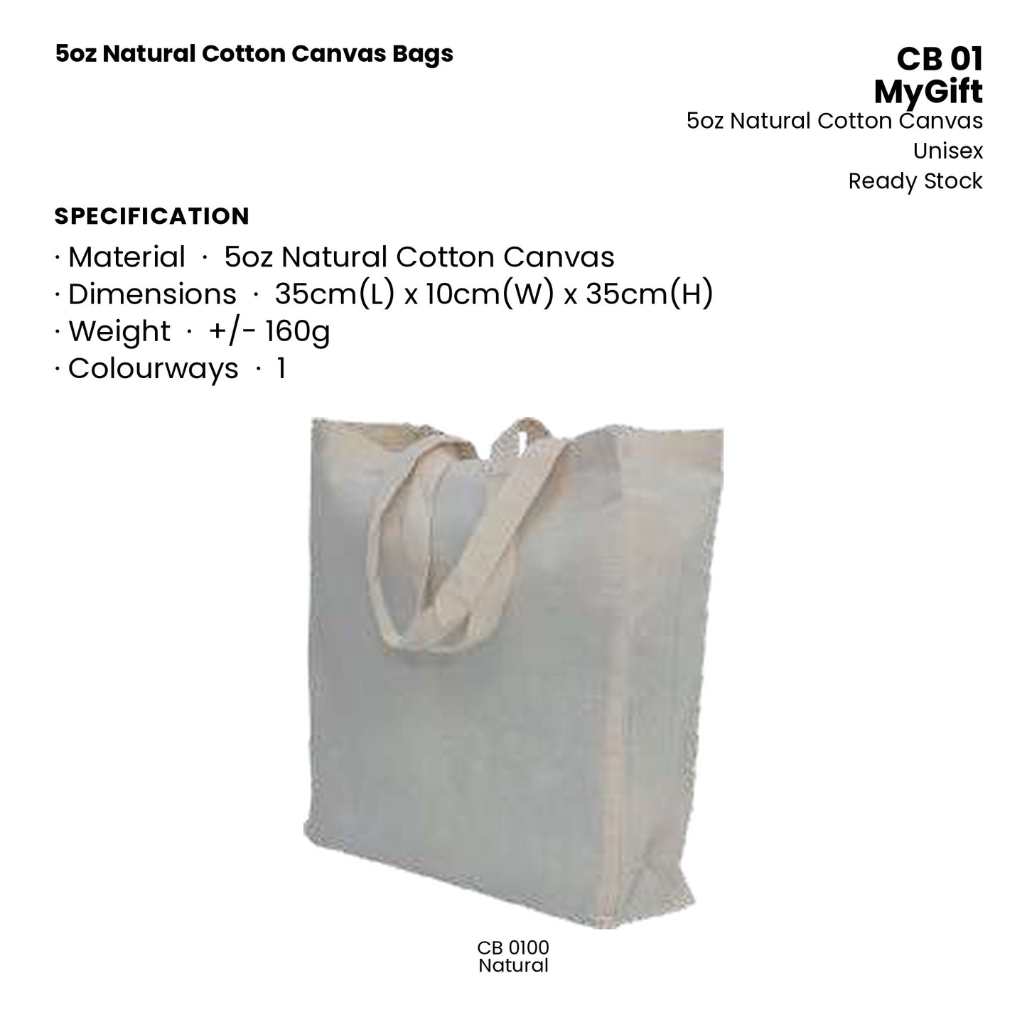 Canvas Bags - 5oz Natural Cotton Canvas Bags | CB01 | Specification and colour range | Artiztee