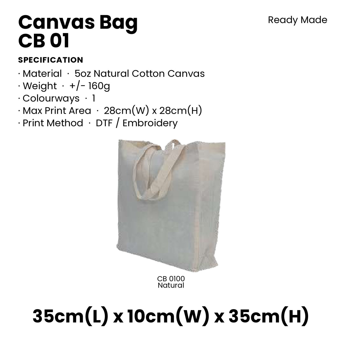 Canvas Bags - 5oz Natural Cotton Canvas Bags | CB01 | Specification and colour range | Artiztee
