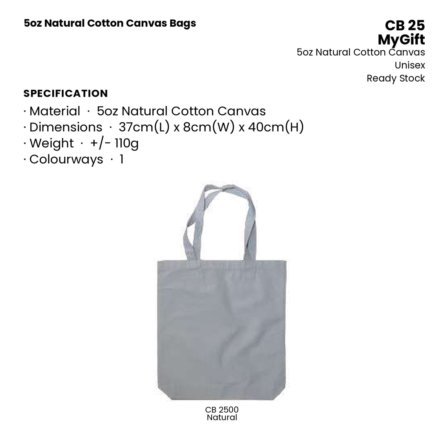 Canvas Bags - 5oz Natural Cotton Canvas Bags | CB25 | Specification and colour range | Artiztee