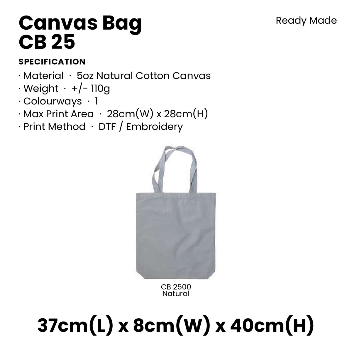 Canvas Bags - 5oz Natural Cotton Canvas Bags | CB25 | Specification and colour range | Artiztee
