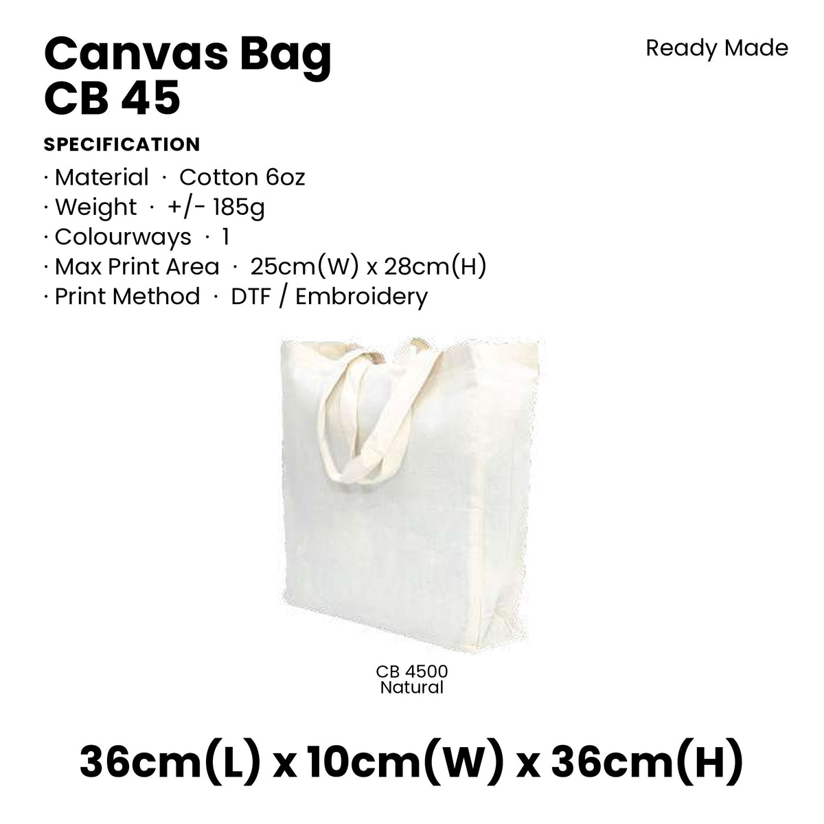 Canvas Bags - 6oz Cotton Canvas Tote (natural only) | CB45 | Specification and colour range | Artiztee
