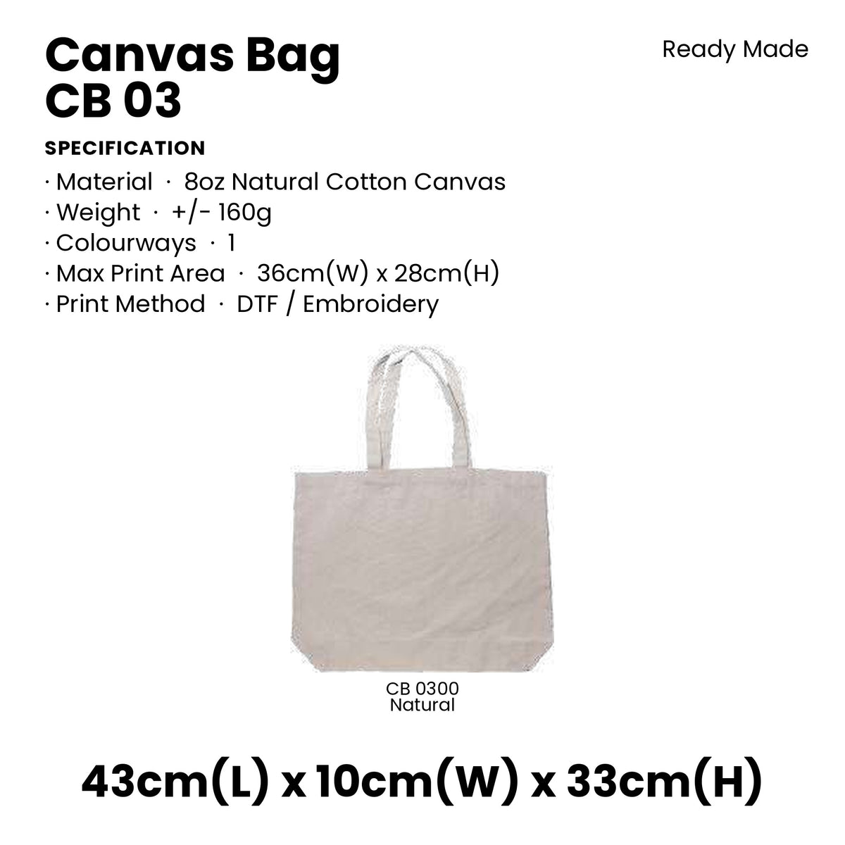 Canvas Bags - 8oz Natural Cotton Canvas Bags | CB03 | Specification and colour range | Artiztee
