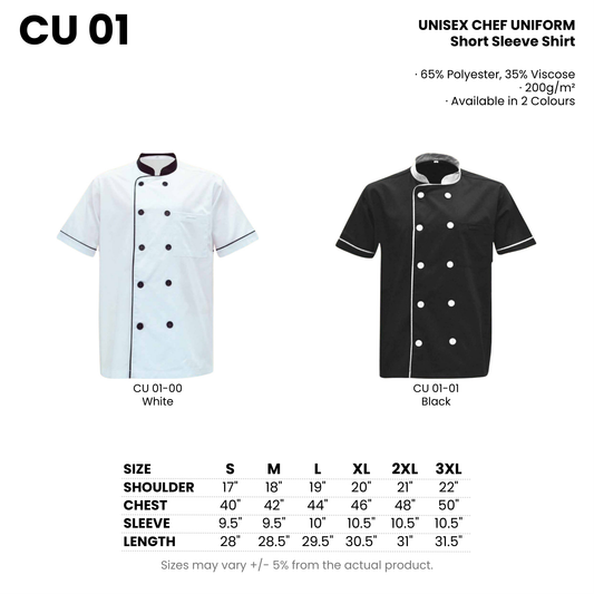 CU 01 size chart and all 2 colourways with codes and names