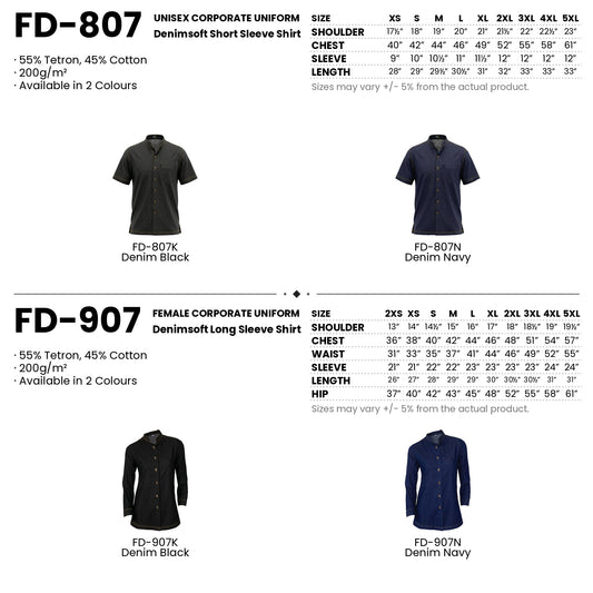 FD-807 | FD-907 size chart and all 4 colourways with codes and names