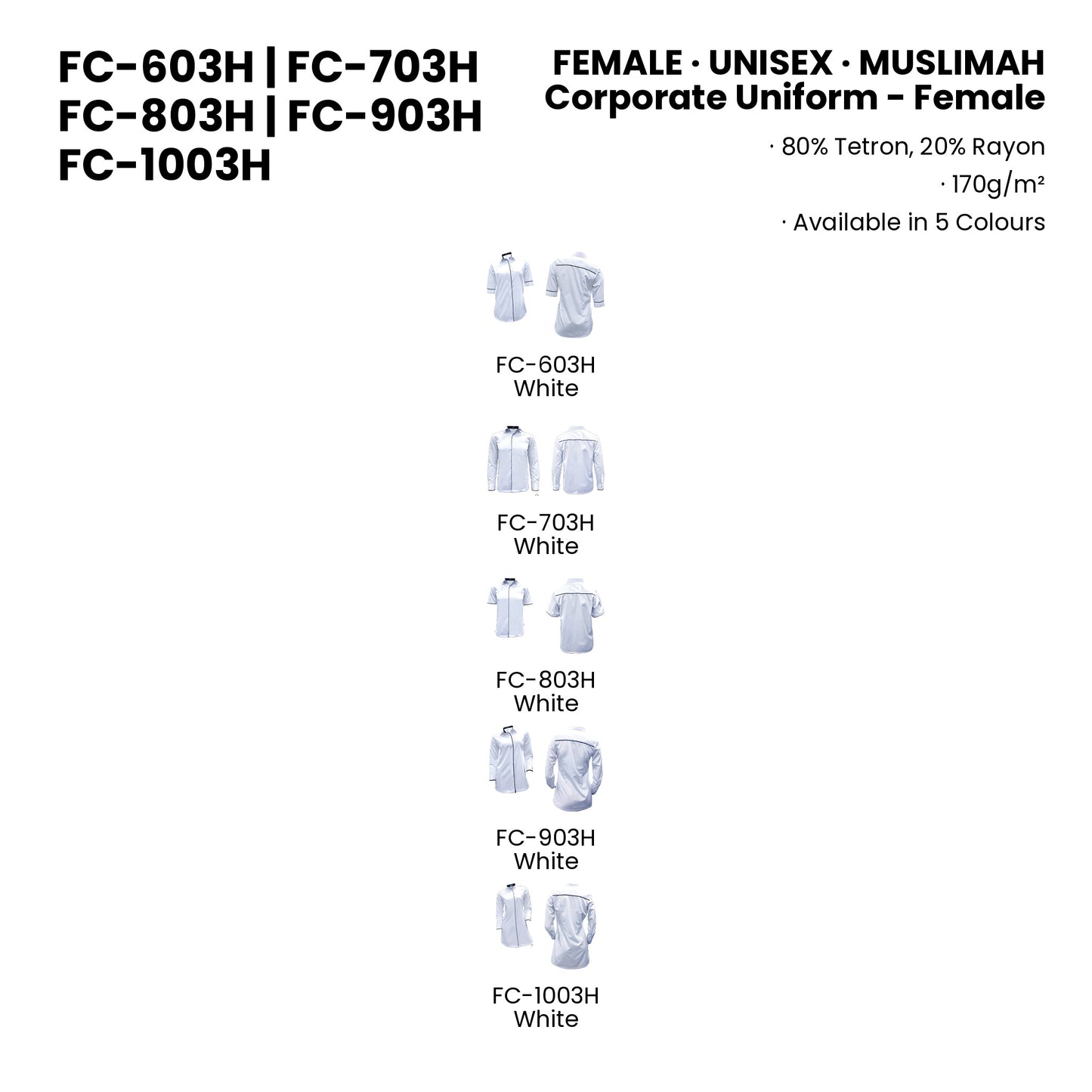 FC-603H | FC-703H | FC-803H | FC-903H | FC-1003H — all 5 colourways with codes and names