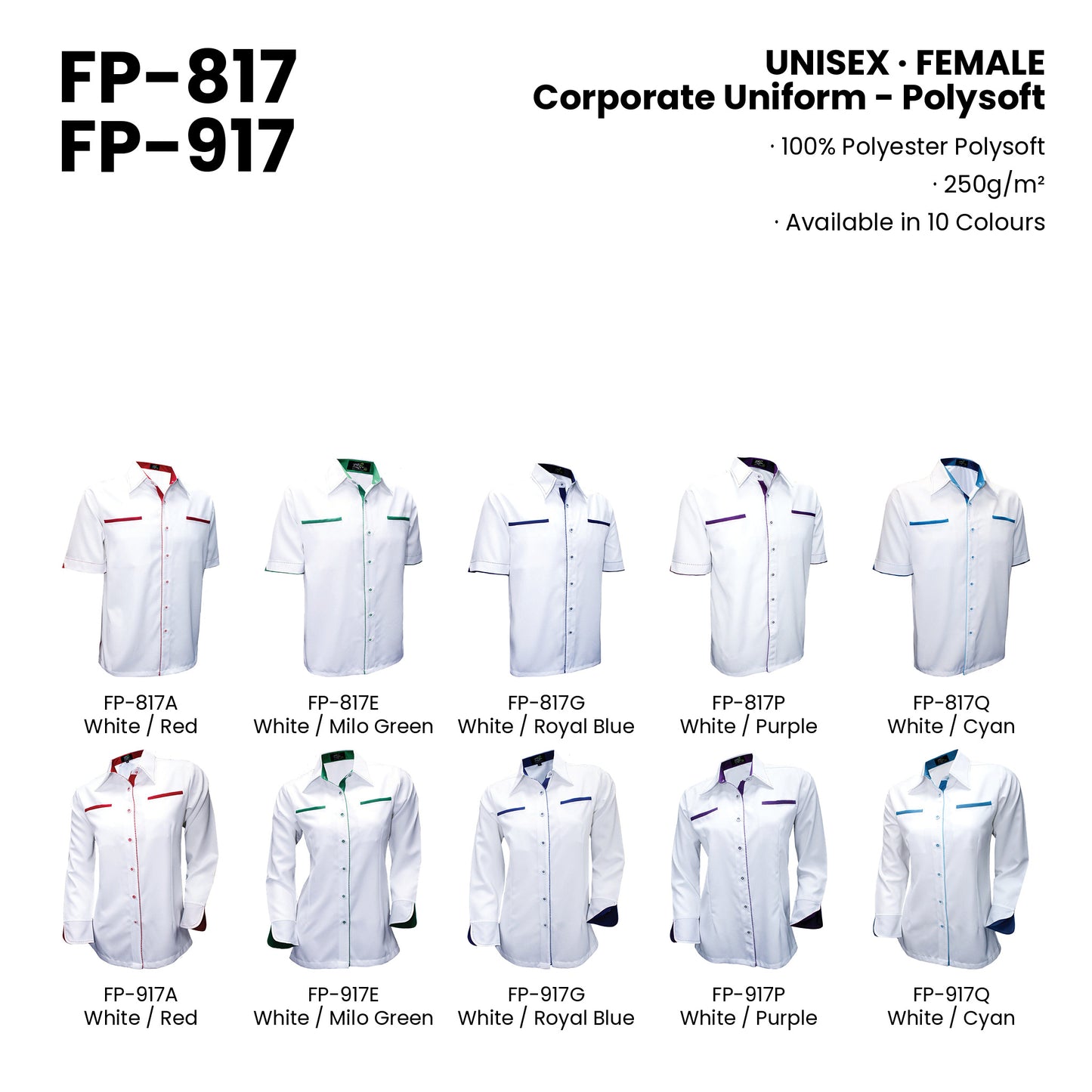 FP-817 | FP-917 — all 10 colourways with codes and names