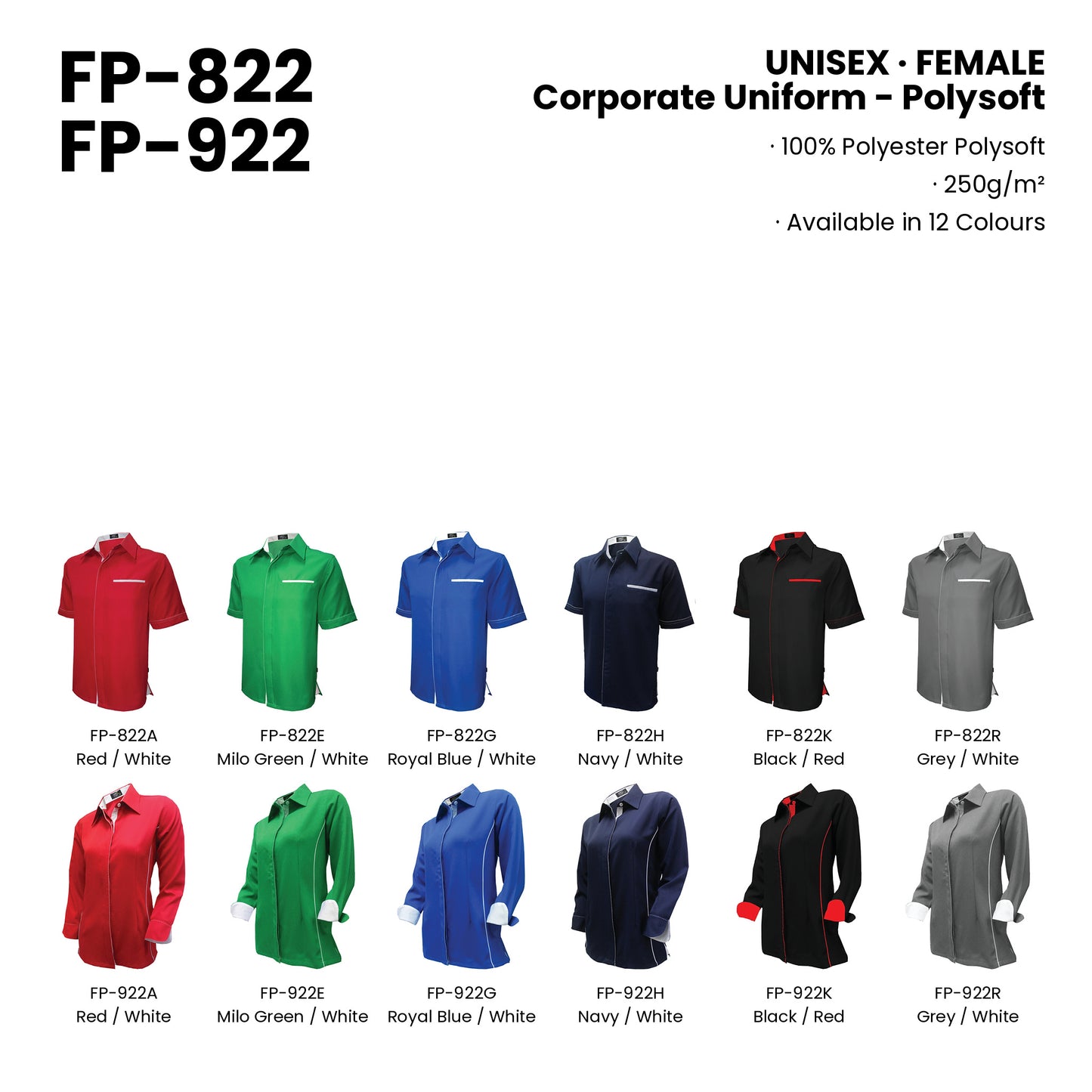 FP-822 | FP-922 — all 12 colourways with codes and names