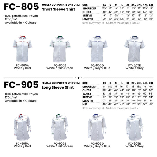 FC-805 | FC-905 size chart and all 8 colourways with codes and names