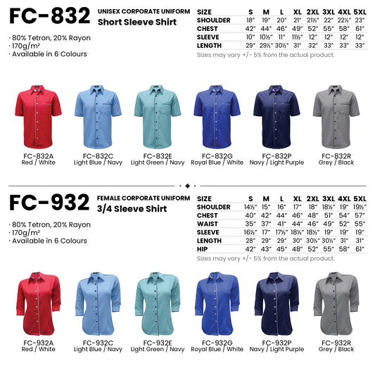 FC-832 | FC-932 size chart and all 12 colourways with codes and names