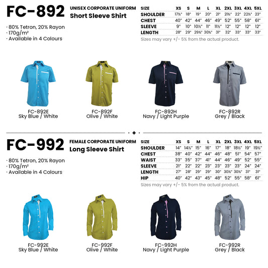 FC-892 | FC-992 size chart and all 8 colourways with codes and names
