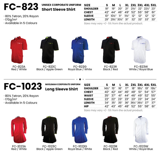 FC-823 | FC-1023 size chart and all 10 colourways with codes and names