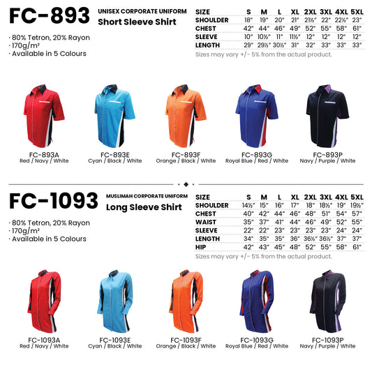 FC-893 | FC-1093 size chart and all 10 colourways with codes and names