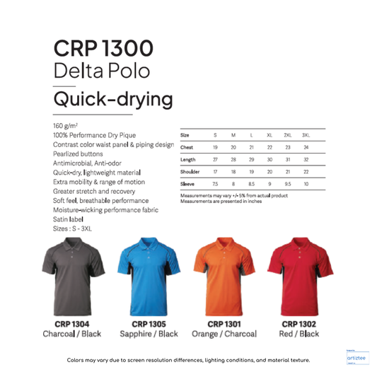 Polo Delta Quick Dry Unisex 160gsm CRP1300 Artiztee Collection Size Chart