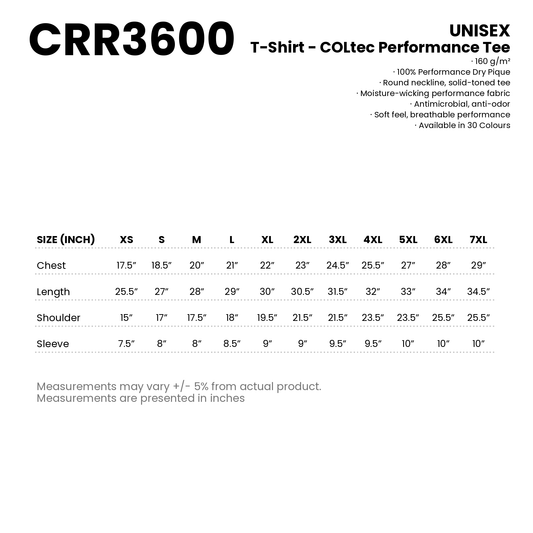 T-Shirt - COLtec Performance Tee | Unisex | 160gsm | CRR3600 | Artiztee | Size Chart