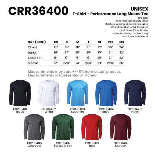 T-Shirt - Performance Long Sleeve Tee | Unisex | 160gsm | CRR36400 | Artiztee | Collection | Size Chart