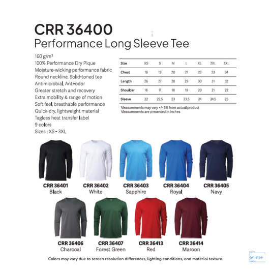 CRR36400 Performance Long Sleeve Tee 160gsm Unisex Artiztee Collection Size Chart